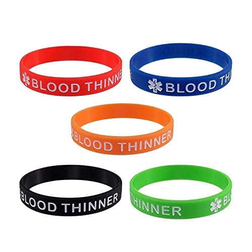 Lyndong 5 Pack Blood THINNER Silicone Medical Alert Emergency Bracelet Wristbands