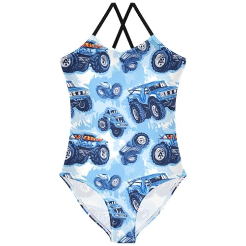 Pigsaly Girls One Piece Swimsuits Blue Monster Truck Cars Kids Cross Back Swimwear Toddler Beach Sport Bathing Suit 3T