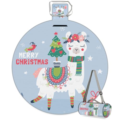 Shimoshe Christmas Alpaca Picnic Outdoor Blanket Foldable Waterproof Sandproof Beach Blanket Portable Water-Resistant Round Picnic Mat for Travel Camping Park Lawn A1