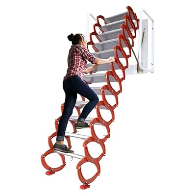 RustyVioum 12 Steps Wall-Mounted Attic Ladder Folding Wall Mounted Ladder with Handrails 880 Lbs Load Attic Ladder Pull Down System for Attics, Garages, Roofs Orange