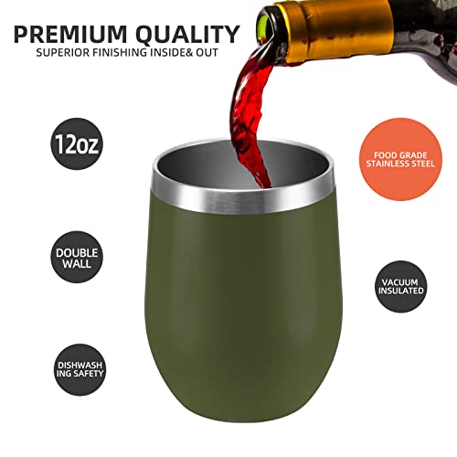 Image of 12 oz Insulated Stainless Steel Stemless Wine Tumbler with Lid and Straw, Navy Green