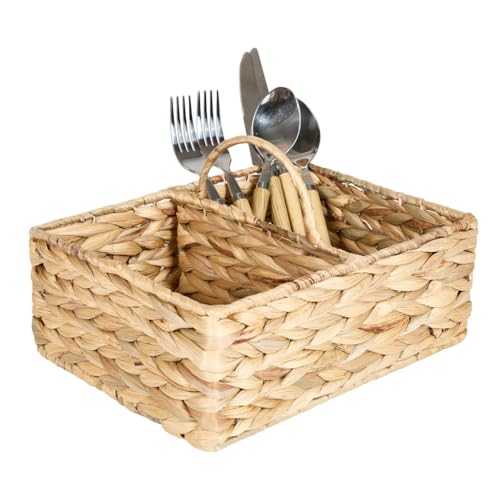 Dibor Water Hyacinth Utensil Holder Cutlery Basket with Carrying Handle Two Compartment Cutlery Organiser Condiment Holder Kitchen Worktop Dining Table Cutlery Caddy Storage