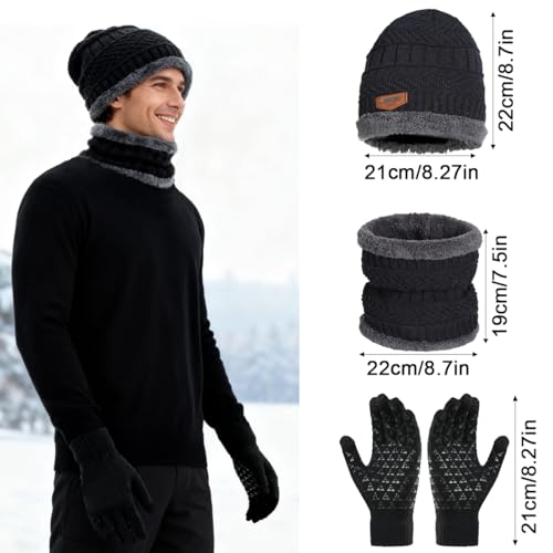 XILEPINGAN Wintermütze Schal Touchscreen Handschuhe Set - Unisex Beanie Strickmütze Winterschal Thermo Handschuhe,Wintermütze Strickmütze Schlauchschal Strickhandschuhe mit Fleece Gefütterte (Grau)