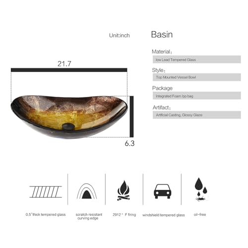 SOLIDEE Bathroom Boat Shape Artistic Glass Vessel Sink Free Black Faucet and Pop-up Drain Set, Gold