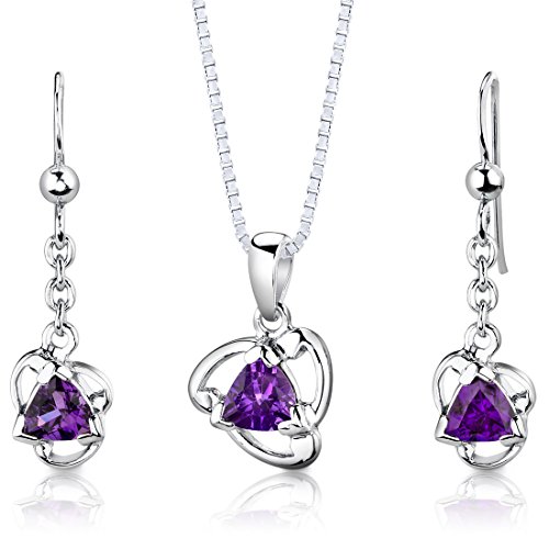 Amethyst-Pendant-Earrings-Necklace-Set-Sterling-Silver-Trillion-Cut-150-Carats