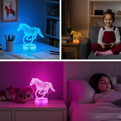 Horse Gifts for Girls, 3D Illusion Lamp, 16 Color Night Light with Remote and Touch Control, Horses Decor for Kids Room