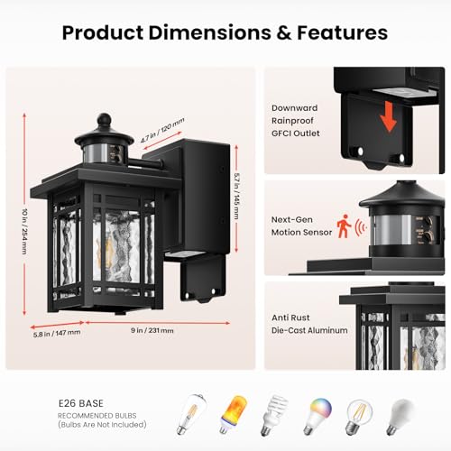 Image of Gleamz Porch Light with outlet, Black Aluminum Motion Sensor Outdoor Porch Lights, Modern Front Door Light with Ripple Glass, Waterproof 5 Lighting Modes Outside Garage Lights for House, Patio,Balcony