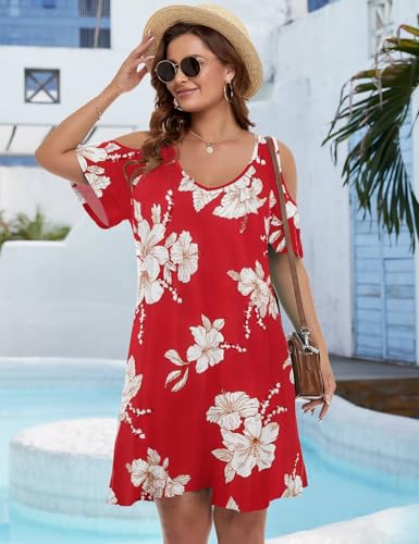 Image of JollieLovin Womens Plus Size Short Sleeve Cold Shoulder V Neck T-Shirt Dress with Pockets