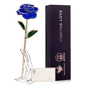 Romantic Gifts for Women Mothers Day Rose Gift for Mom, 24k Gold Rose, Rose Flower Gift, Plated Rose Gold Dipped Blue Rose Everlasting Long Stem Rose with Holder, Anniversary, Birthday and Home Decor