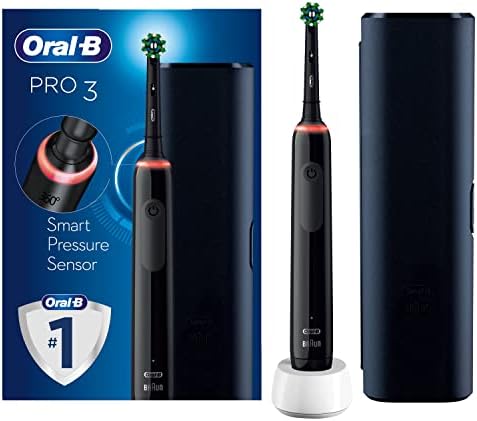 Oral-B Pro 3 Electric Toothbrush with Smart Pressure Sensor, 1 Cross Action Toothbrush Head & Travel Case, 3 Modes with Teeth Whitening, Christmas Gifts for Men/Women, 2 Pin UK Plug, 3500, Black
