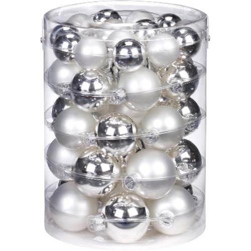 Inge-Glas Weihnachtskugeln aus Glas | Kugeldose 44tlg 4, 5, 6 cm mit 50 Aufhänger-Haken | Christbaumkugeln (Frosty Silver | Silber weiß)