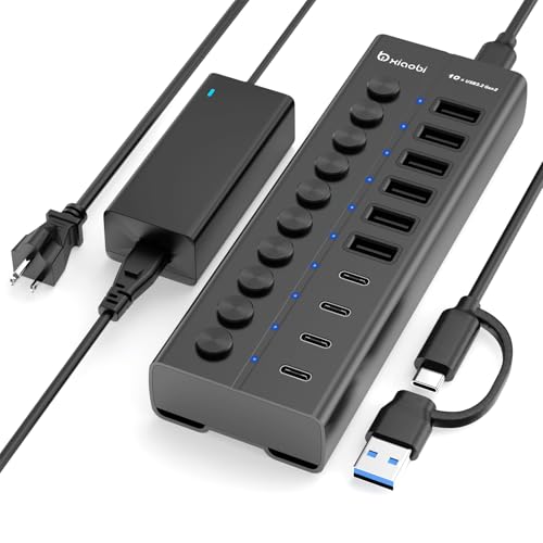 Powered USB Hub, 10-Port USB C Hub with 6 USB-A 3.2, 4 USB-C 3.2 Ports, Individual Switches and 12V/5A Power Adapter, Aluminum USB Extension for MacBook, Laptop/PC and More.