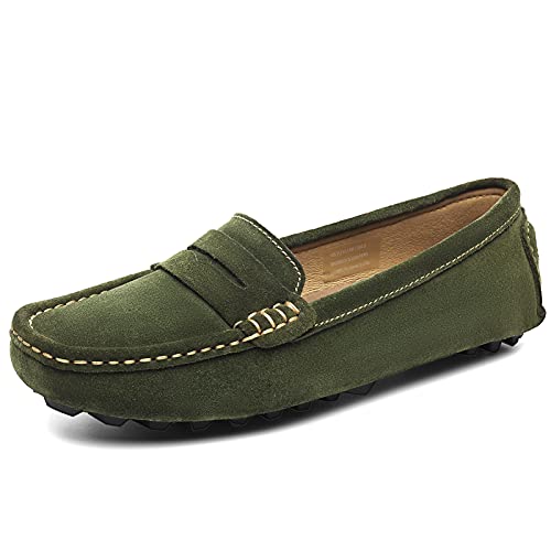 Osslue Women's Army Green Suede Leather Casual Penny Loafers Retro Ladies Moccasins Driving Mocs Comfort Slip-On Fashion Boat Shoes Classic Flats 6 M Us Xym-1208-Jlv060 #TOP1