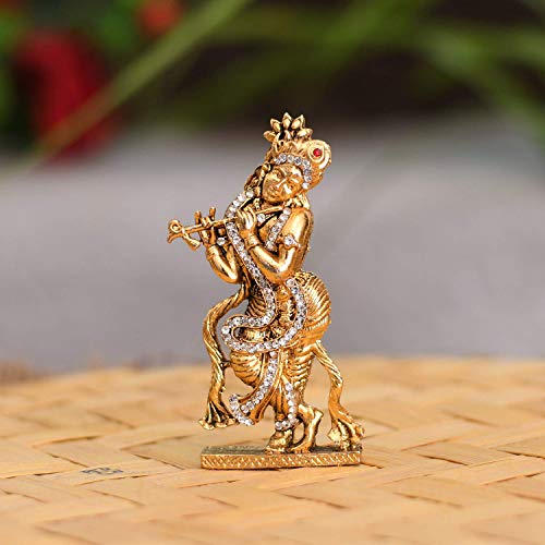 Image of Amazon Brand - Umi Gold Plated Flute Playing Krishna Idol Showpiece - Metal Krishna Statue for Car Dashboard - Hindu God Religious Idol Krishan Figurine for Janmashtami Home Temple Decoration & Gifts.
