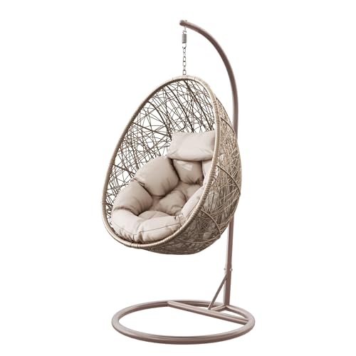 Mirjan24 Hängesessel mit Gestell und Kissen Bordia Hängestuhl mit Rückenkissen Hängesitz Hängekorb Stahlskelett Indoor & Outdoor (beige/Kissen: beige)