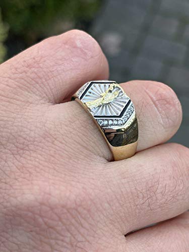 HarlemBling Real Solid 925 Sterling Silver - Grim Reaper Santa Muerte Men's Ring - 14k Yellow Gold Finish - Diamond Cut Icy Ring For Men - Sizes 6-133
