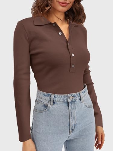 SuperPrity Long Sleeve Shirts for Women Spring Fashion V Neck Button Polo Sweaters Stretch Slim Fitted Knit Basic Tee Tops2