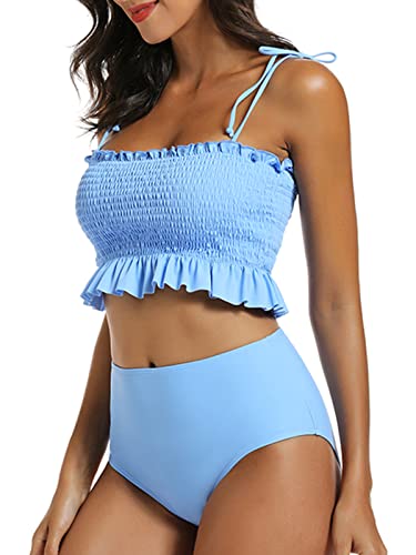 Molybell Women's Cute Shirred Bandeau Bikini Sets High Waisted Bathing Suit Teen Girls Strapless Blue Two Piece Swimsuit Ruffled Tummy Control Swimwear-Size M #TOP1