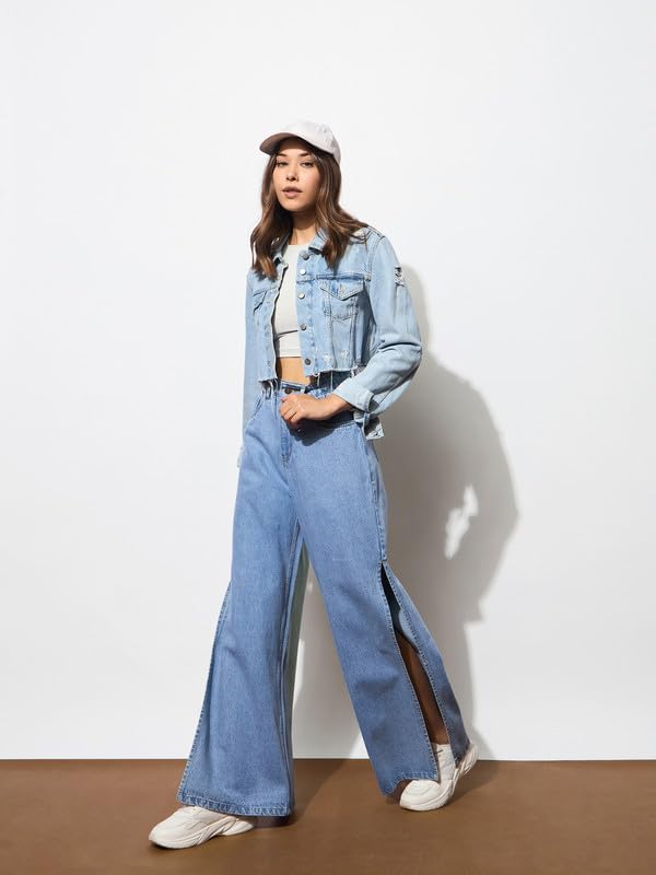 Image of Beige Side Slit Wide Leg Jeans