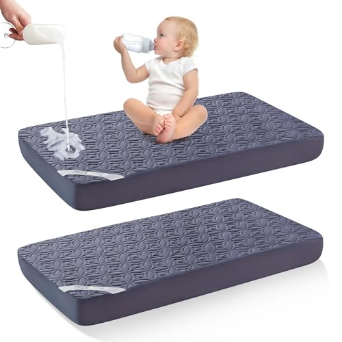 Image of Waterproof Crib Mattress Protector 2 Pack, Soft and Breathable Crib Mattress Pad Cover, Noiseless Machine Washable Toddler Mattress Protector for Standard Baby Toddler Bed (52''x28'',Navy Blue)