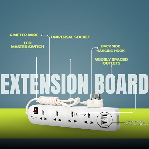 Image of MULTYBYTE 4 Socket 2 USB Port Outlet Extension Board, High Speed, Fast Charging- Power Strip, Surge Protector, 4M Cable Shockproof Fire-Retardant, Multipurpose Use Spike for Home & Office