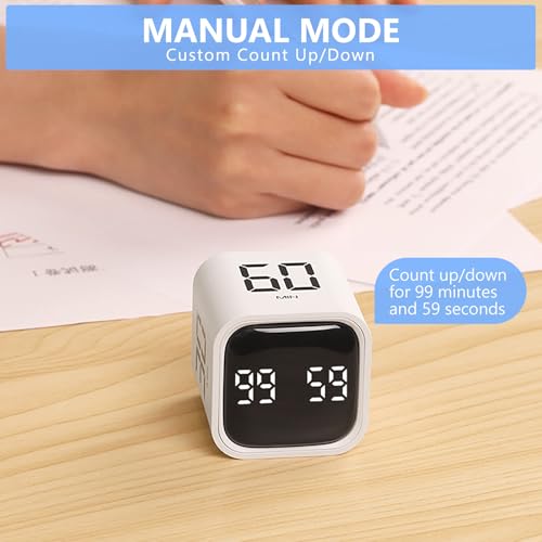 Image of Digital Cube Productivity Timer - Rotating Pomodoro Timer with Gravireceptor 5-10-30-60 Min Custom Countdown, Vibration & Adjustable Volume for Learning, Office, Kitchen, Desk, White