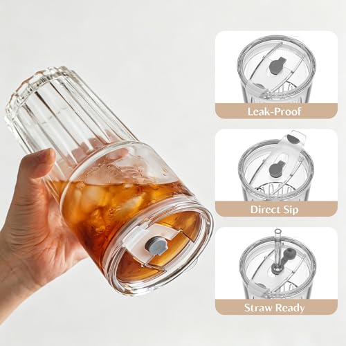 Image of INSETLAN 20oz Clear Glass Cups & Tumbler Set with Lids & Straws - 2-Pack, Reusable Drinking Cups for Iced Coffee, Smoothies, Tea, Juice, Leak-Proof, Spill-Proof, Ideal for Home and Outdoor Use