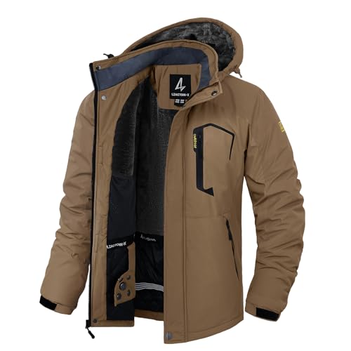LZACTOIN-X Snow Jacket Men & Coats Ultra Water Resistant Winter Jacket Hooded Essential for Camping Travel Khaki Medium