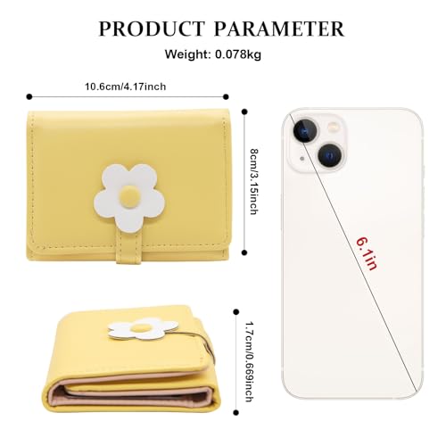 LJCZKA Cute Small Wallet for Girls Women - RFID Blocking PU Leather Tri-folded Flowers Cash Pocket with Card Holder Slim Short Wallet (Yellow)4
