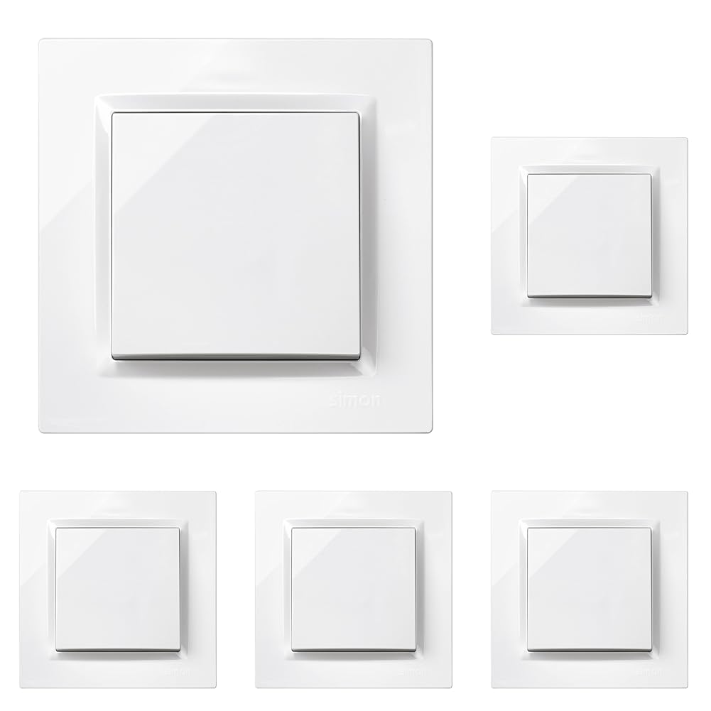 SIMON - Interruptor Conmutador Cruzamiento, Serie Simon 10, 230V, Interruptor de Pared Interior, Fácil de Instalar, Incluye Marco, Tapa y Mecanismo, Color Blanco (Paquete de 5)