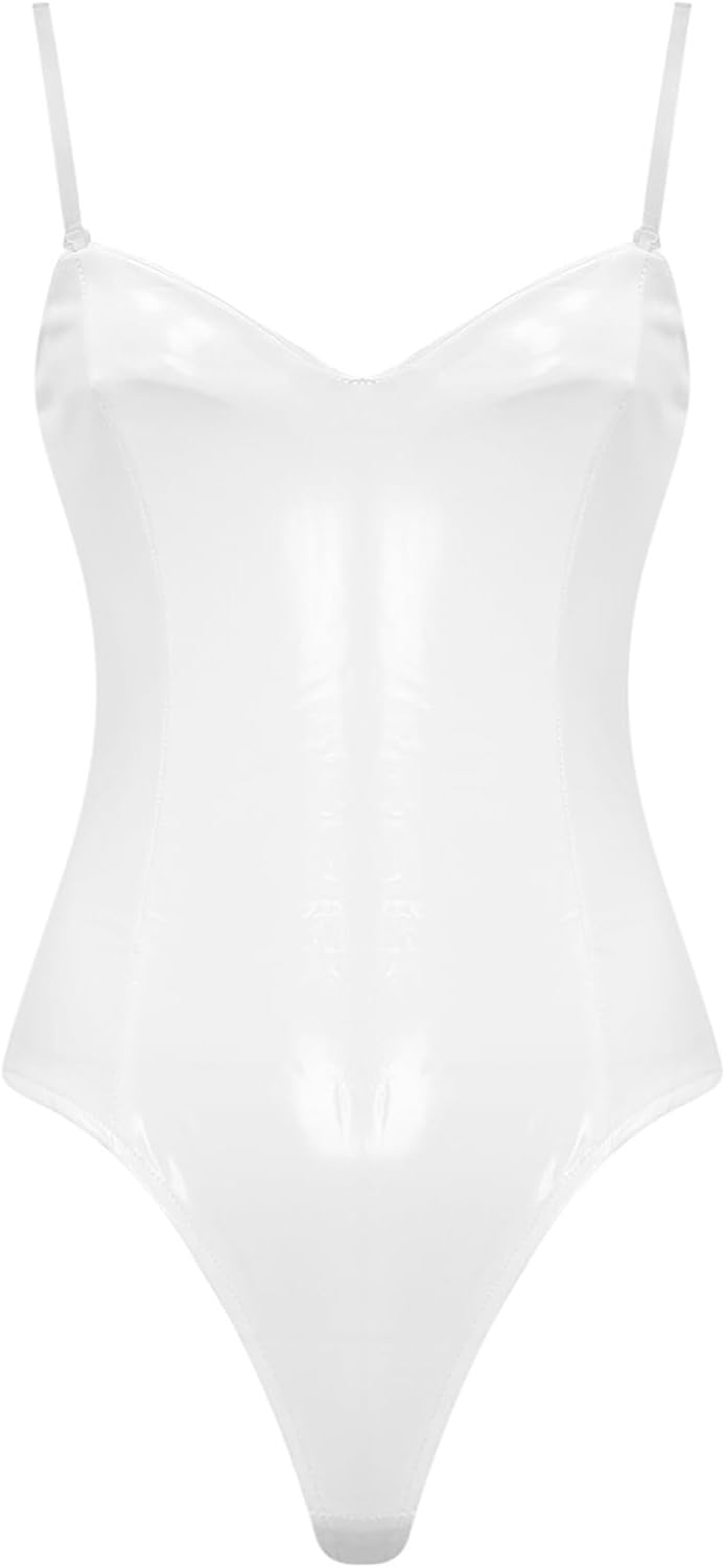 ACSUSS Womens Wet Look PU Swimsuit Bodysuit Crew Neck Sleeveless Bodycon Leotard Jumpsuit Bathing Suit