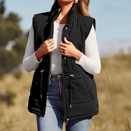 Womens Puffer Vest Zip Up Stand Collar Jacket Sleeveless Quilted Lightweight Jacket Waist Drawstring Down Vest Coat4