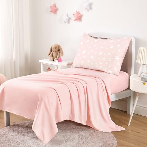 Image of Wake In Cloud - Toddler Bedding Set for Boys Girls, Cute Star Polka Dot, 4 Pieces Soft Crib Bed Set Including Comforter, Sheets and Pillowcase, Light Pink