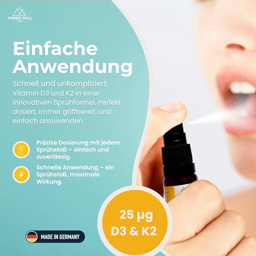 Premium Vitamin D3+K2 Spray - 1000 I.E. - liposomal für maximale Nährstoffaufnahme - vegan und hochdosiert - alkoholfrei - Three Hill Labs
