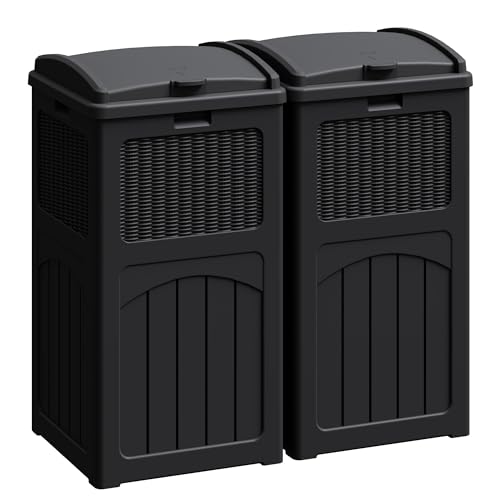 Greesum 33 Gallon Outdoor Trash Can with Lid, Waterproof Resin Garbage Bin for Hideaway, Deck, Patio, 2 Pack, Black