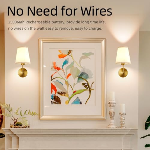 Image of Battery Operated Wall Sconces Set of Two, Dimmable Rechargeable Battery Wall Light with RGB Bulb, Rechargeable Wall Mounted Sconce Lamp with Remote Control for Bedroom, Living Room, Entryway, Gold