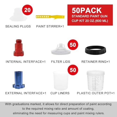 Image of RRJ Disposable Paint Cup Spray Gun Cup, Paint System for LVLP and HVLP Spray Gun Kit 600 ML Mixing Cup with 50 Cups Liners and Lids, 1 Hard Cup with Retainer Ring, 2 Cup Adapter, Stirrer