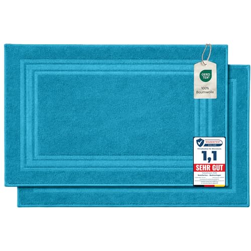 Komfortec Lot de 2 Tapis de Bain, en Tissu éponge, lavables, 600 g/m² et 100% Coton Absorbant et à séchage Rapide, Turquoise, 50 x 70 cm