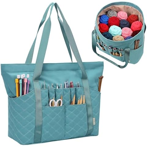 HOMEST Tote Crochet Bag, Yarn Storage Organizer, Knitting Bag with Custom Front Pockets for Crocheting Hooks, Knitted Needles and Knitwear Accessories, Turquoise Cover