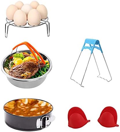 Accessories Set for Pressure Cooker with Steamer Basket, Egg Steamer Rack, Non-stick Springform Pan, Steaming Stand, 1 Pair Silicone Cooking Pot Mitts 5 Pieces-Fits 5,6,8Qt