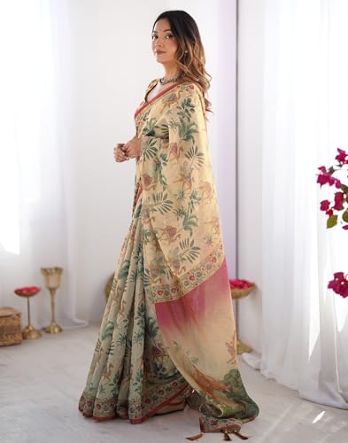 Image of SIRIL Women's Cotton Linen Kalamkari Printed Handloom Saree with Unstitched Blouse Piece