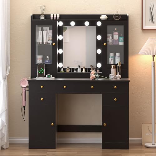 Image of Wodeer Vanity Desk with Mirror and Lights, 43 inch Black Makeup Vanity Set with 5 Drawers & Glass Cabinets, Power Outlet, Adjustable LED Lights & Makeup Tray, Dressing Table for Women & Girls Bedroom