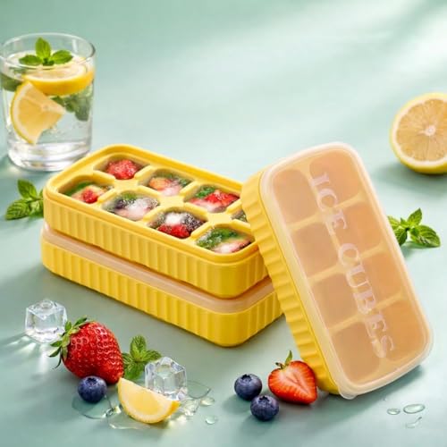 Image of AIG [3 Pack] Yellow Ice Cube Tray with Lids, 2-Inch Large Silicone Flexible 8-Cavity Ice Maker Molds for Whiskey & Cocktails, Easy-Release Reusable Ice Cubes, BPA-Free