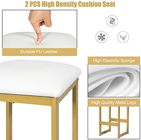 COSTWAY 3 Piece Bar Table Set, Marble Texture Dining Table and 2 PU Stools Set with 3-Tier Side Shelf and Footrest, Metal Frame Counter Height Table Set for Home Kitchen Pub (Gold)