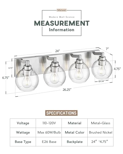 Image of Bathroom Light Fixtures, 4 Light Brushed Nickel Vanity Light, 26 Inch Modern Wall Sconces with Globe Clear Glass Shade, Vanity Lighting Fixtures Over Mirror, VL195-BN-CL-4