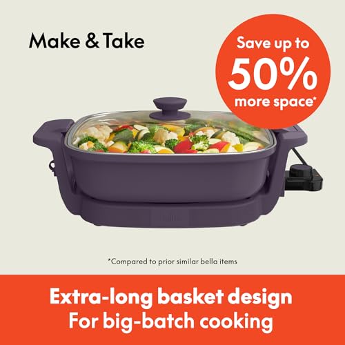 Image of bella Make & Take Electric Skillet, Fits-anywhere kitchenware, EverGood Ceramic Coating, Adjustable Temperature & Dishwasher-Safe Tempered Glass Lid, Cast Aluminum Base, 1200 Watt, Plum (Pack of 2)
