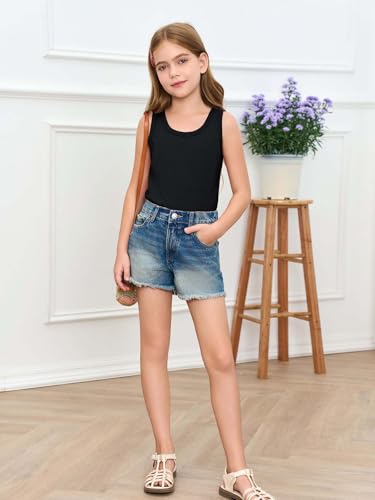 Image of Haloumoning Girls Tank Tops Kids Summer Crewneck Sleeveless Shirts Dancewear 5-14 Years