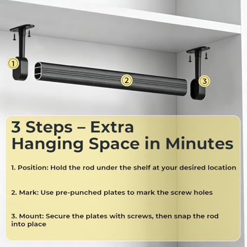 Image of HASTHIP Wardrobe Hanger Rod - 50cm Adjustable Heavy Duty Aluminum Closet Rod Wardrobe Rods for Hanging Clothes Adjustable Spacing Design, with Pre-punched Mounting Plates & Screws