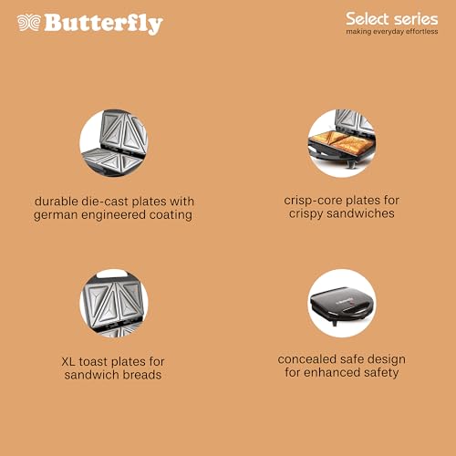 Image of Butterfly Crosta Toast 750W Sandwich Maker | Non-stick Coated Plates | 1 Year Warranty | 750W