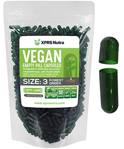 Image of XPRS Nutra Size 3 Empty Capsules - 1000 Count Empty Vegan - Vegetarian Empty Pill Capsules - DIY Vegetable Capsule Filling - Veggie Pill Caps (Forest Green)